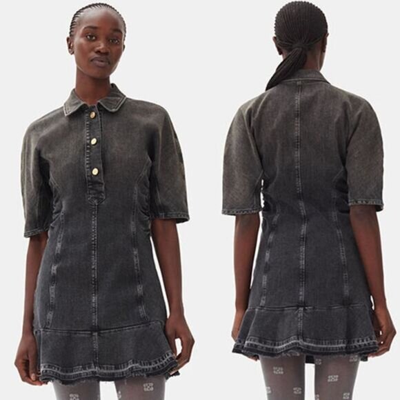 NWT Ganni Short Sleeves Collared Denim Washed Black Mini...